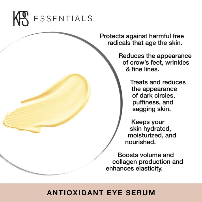 Creamy texture of Antioxidant Eye Serum | Kindness Powered Skincare shown with key benefits: protects against free radicals, reduces wrinkles and dark circles, hydrates skin, boosts collagen and elasticity.