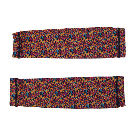 Pair of colorful arm sleeves with multicolor jelly tots dot pattern on white background