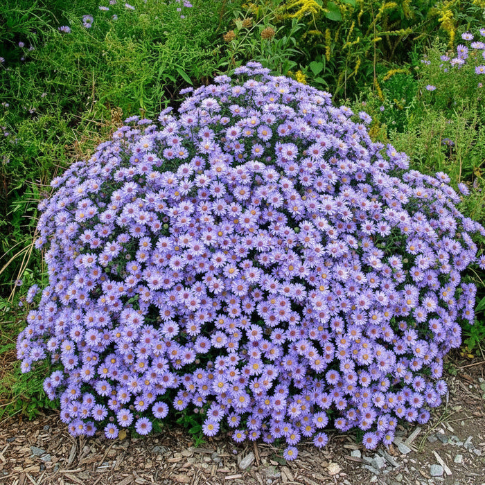 Compact mound of October Skies aromatic aster covered in sky-blue blooms in fall