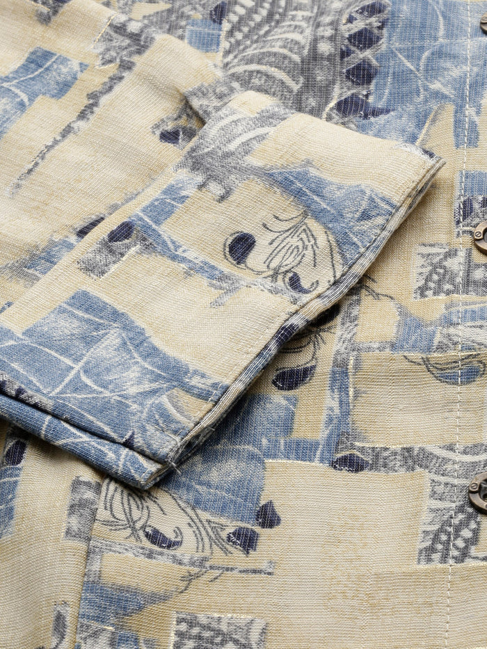 Beige & Blue Ethnic Motifs Printed Kurta, Princess Cur Kurta, A-Line Kurta, Floral Print, Mandarin Collar kurta, printed kurta