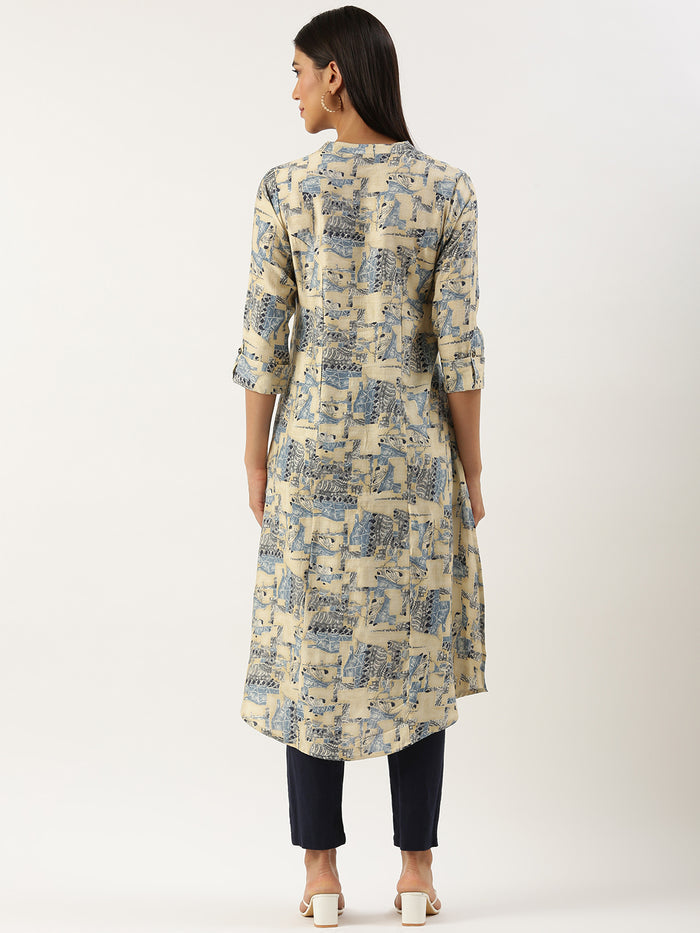Beige & Blue Ethnic Motifs Printed Kurta, Princess Cur Kurta, A-Line Kurta, Floral Print, Mandarin Collar kurta, printed kurta