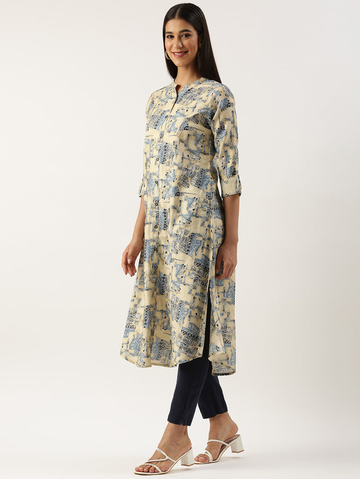 Beige & Blue Ethnic Motifs Printed Kurta, Princess Cur Kurta, A-Line Kurta, Floral Print, Mandarin Collar kurta, printed kurta
