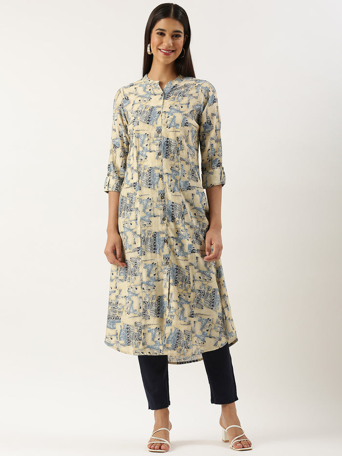 Beige & Blue Ethnic Motifs Printed Kurta, Princess Cur Kurta, A-Line Kurta, Floral Print, Mandarin Collar kurta, printed kurta