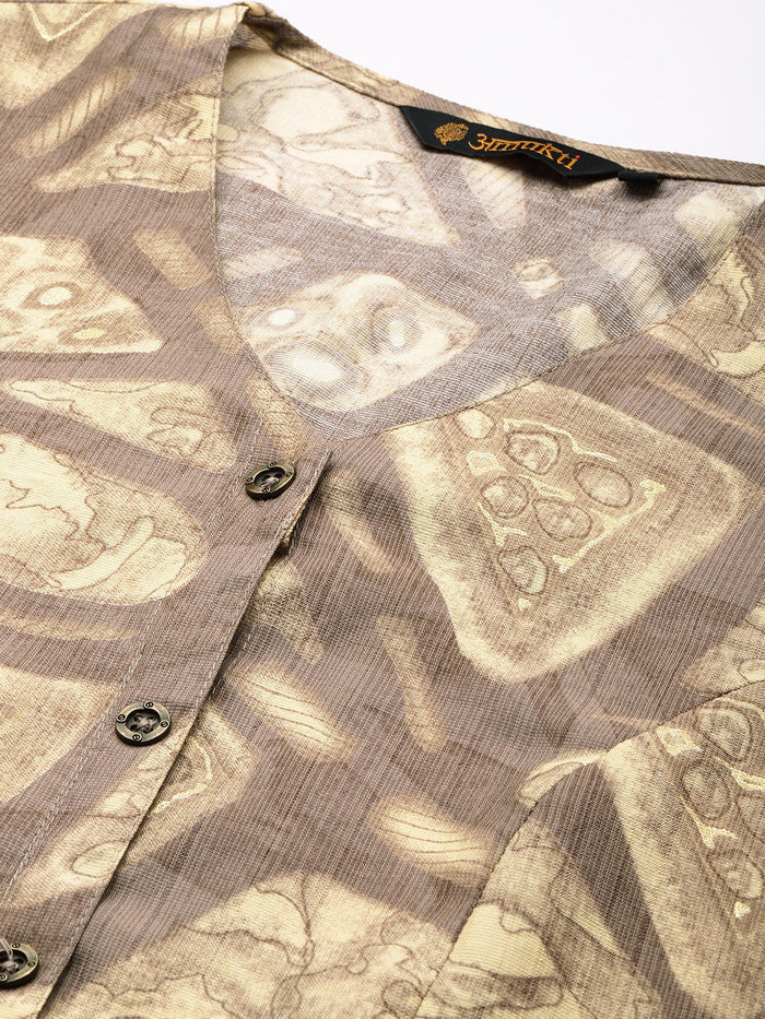 Beige Geometric Printed Kurta, Princess Cur Kurta, A-Line Kurta, Geometric  Print, printed kurta, V-neck kurta