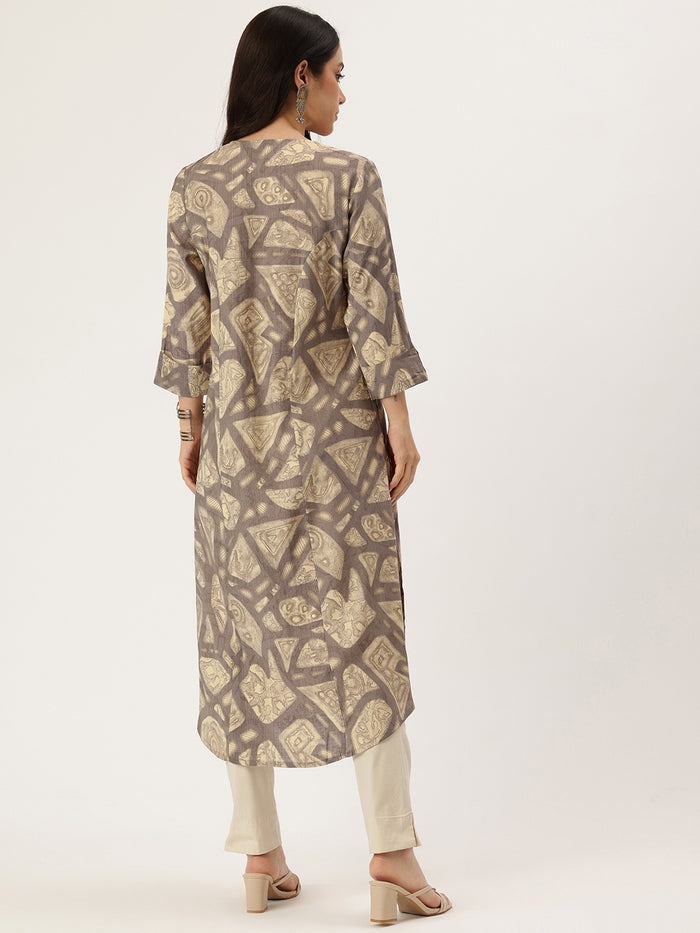 Beige Geometric Printed Kurta, Princess Cur Kurta, A-Line Kurta, Geometric  Print, printed kurta, V-neck kurta