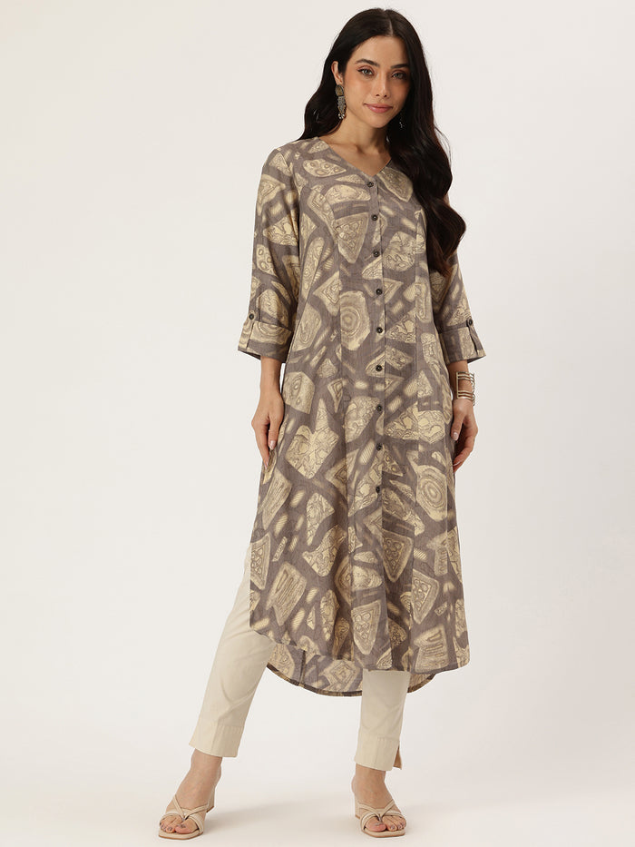 Beige Geometric Printed Kurta, Princess Cur Kurta, A-Line Kurta, Geometric  Print, printed kurta, V-neck kurta