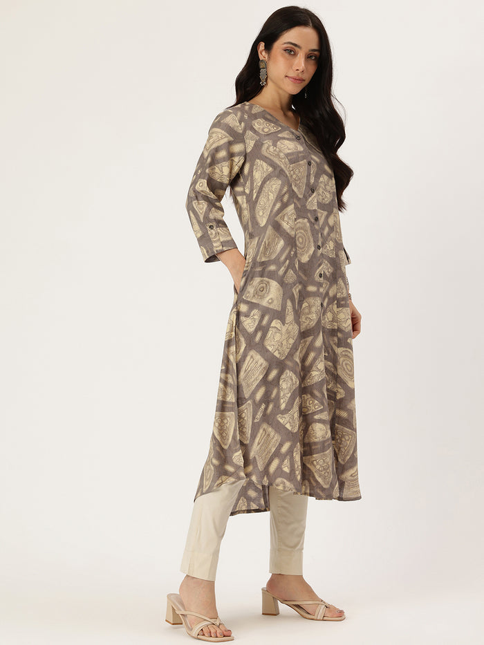 Beige Geometric Printed Kurta, Princess Cur Kurta, A-Line Kurta, Geometric  Print, printed kurta, V-neck kurta