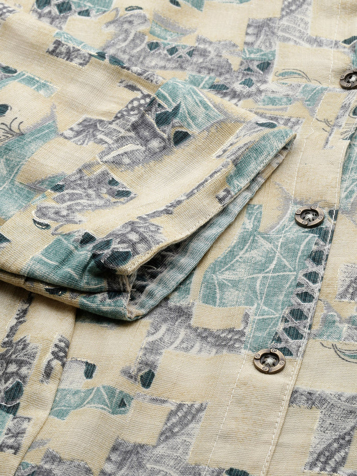 Beige & Green Ethnic Motifs Printed Kurta, Princess Cur Kurta, A-Line Kurta, Floral Print, Mandarin Collar kurta, printed kurta