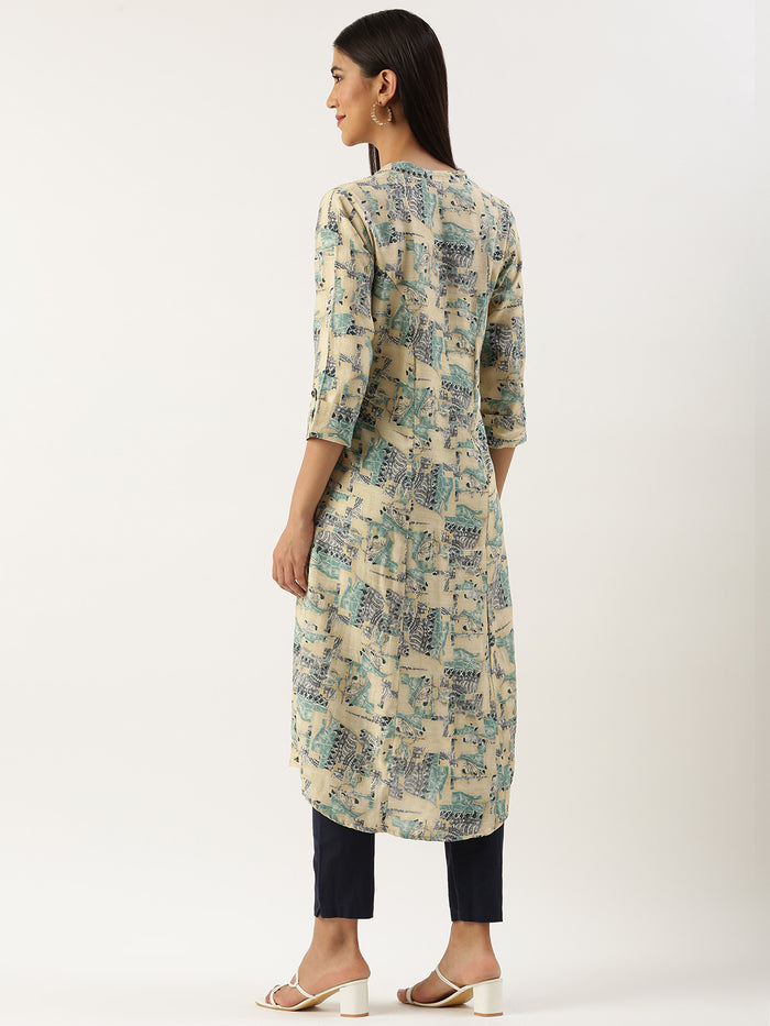 Beige & Green Ethnic Motifs Printed Kurta, Princess Cur Kurta, A-Line Kurta, Floral Print, Mandarin Collar kurta, printed kurta