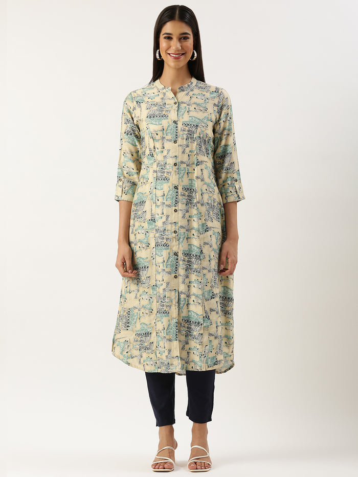 Beige & Green Ethnic Motifs Printed Kurta, Princess Cur Kurta, A-Line Kurta, Floral Print, Mandarin Collar kurta, printed kurta