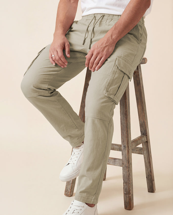 Beige Solid Cargo Pants For Men