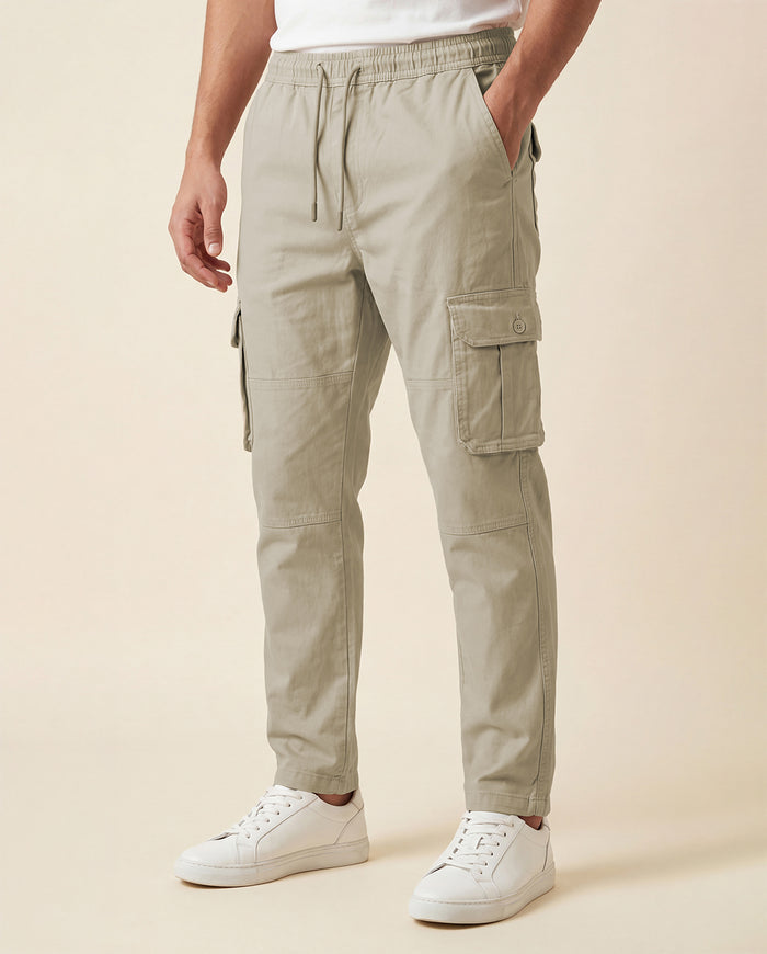 Beige Solid Cargo Pants For Men