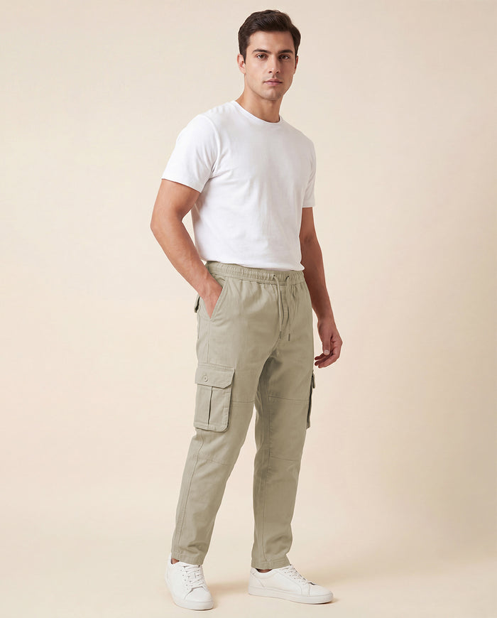 Beige Solid Cargo Pants For Men