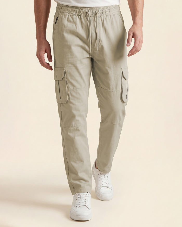 Beige Solid Cargo Pants For Men