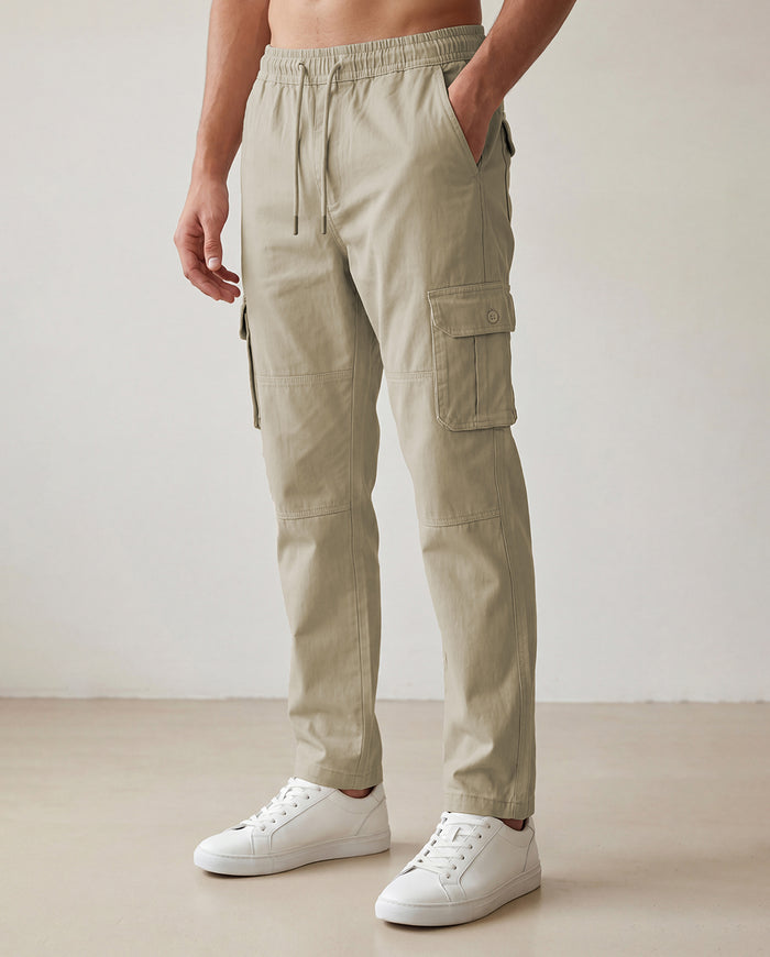 Beige Solid Cargo Pants For Men