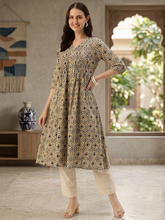 Beige With Blue Geometric Printed Kurta