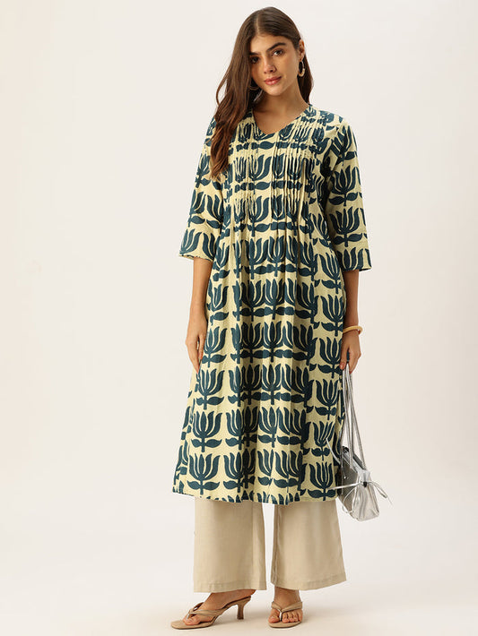 Beige With Blue Kamal Printed Kurta