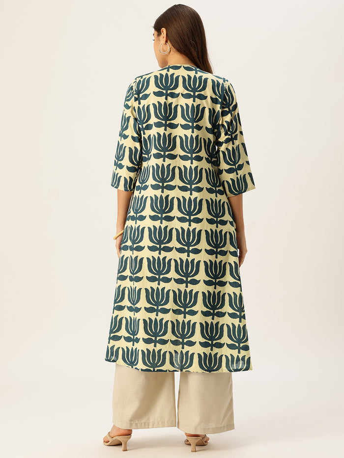 Beige With Blue Kamal Printed Kurta