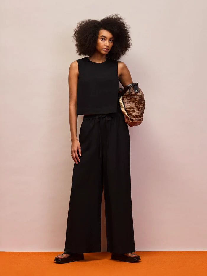 Black mid rise linen blend trousers with full length wide leg