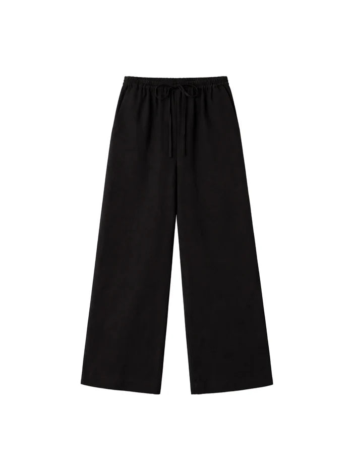 Black relaxed fit wide leg trousers with drawstring waist