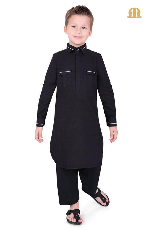 Black Riwaya Pathani Suit for Kids - Mashroo