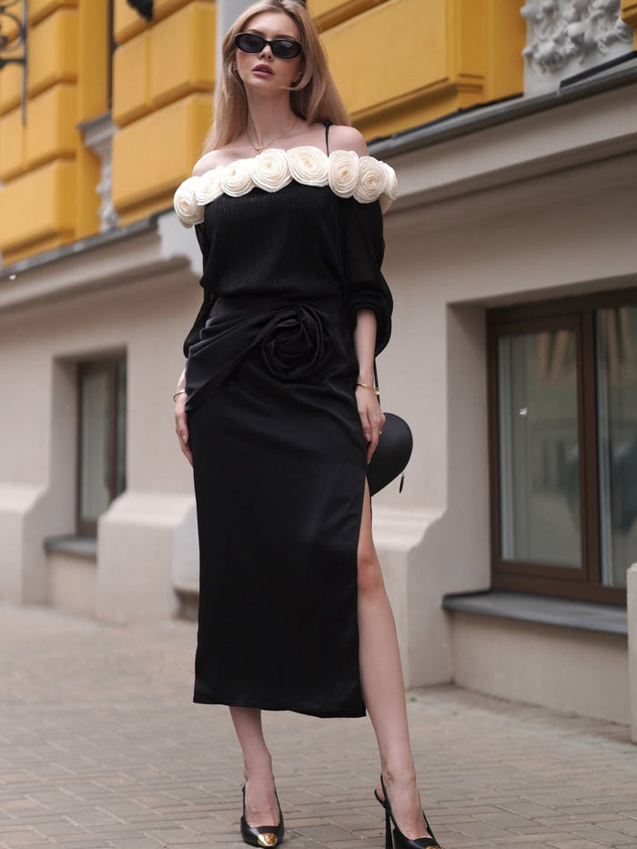 Black Satin 3D Floral Skirt
