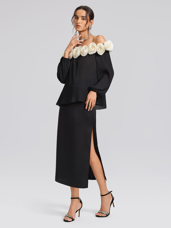 Black Satin 3D Floral Skirt