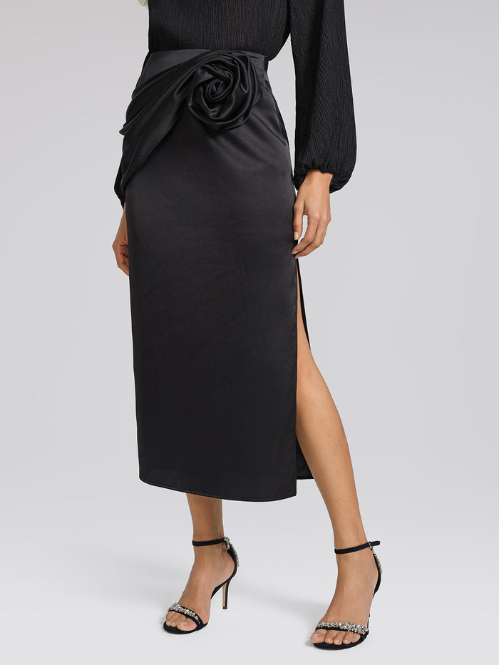 Black Satin 3D Floral Skirt