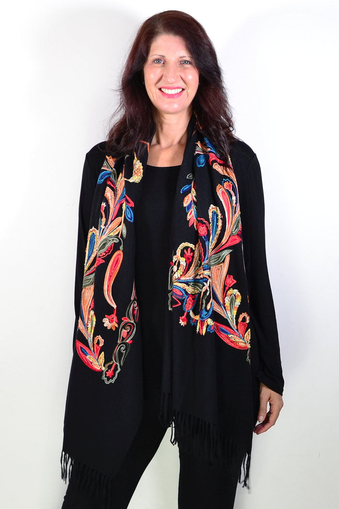 Black soft embroidered scarf wrap from ivys, featuring intricate embroidery and a cozy, elegant design for versatile wear.