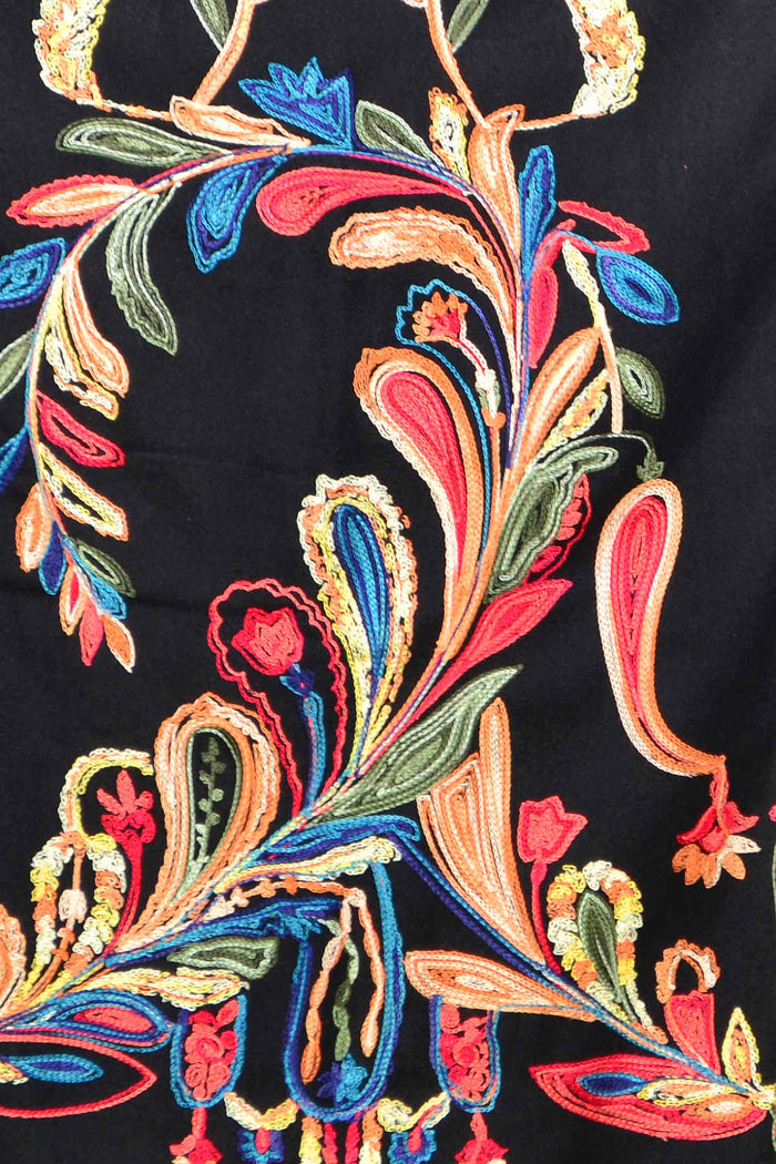 Black soft embroidered scarf wrap from ivys, featuring delicate embroidery and a cozy, lightweight fabric for stylish warmth.