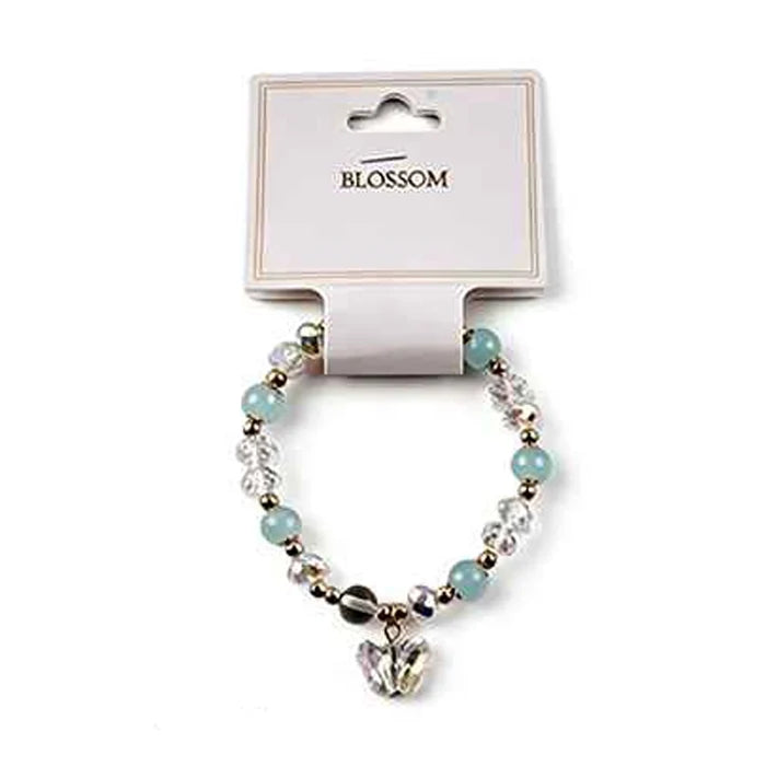 Blossom Beaded Charm Bracelets – Pastel Crystal & Butterfly Charm Stretch Bracelet Set (IBR-3949)