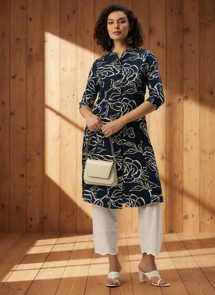 Blue Floral Printed Mandarin Collar Kurta, Princess Cur Kurta, A-Line Kurta, Floral Print, Mandarin Collar kurta, printed kurta