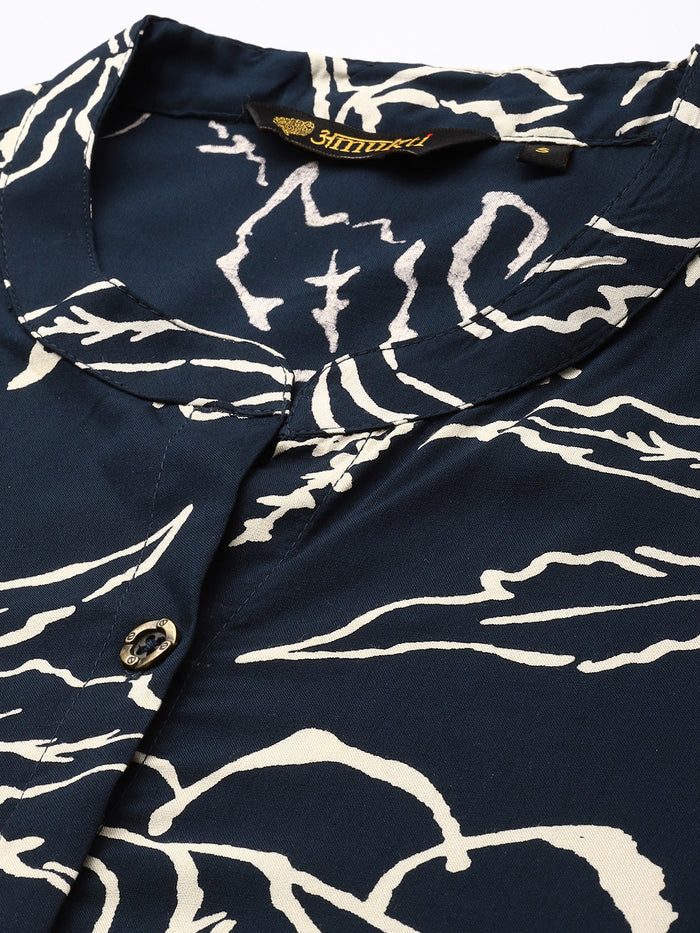 Blue Floral Printed Mandarin Collar Kurta, Princess Cur Kurta, A-Line Kurta, Floral Print, Mandarin Collar kurta, printed kurta