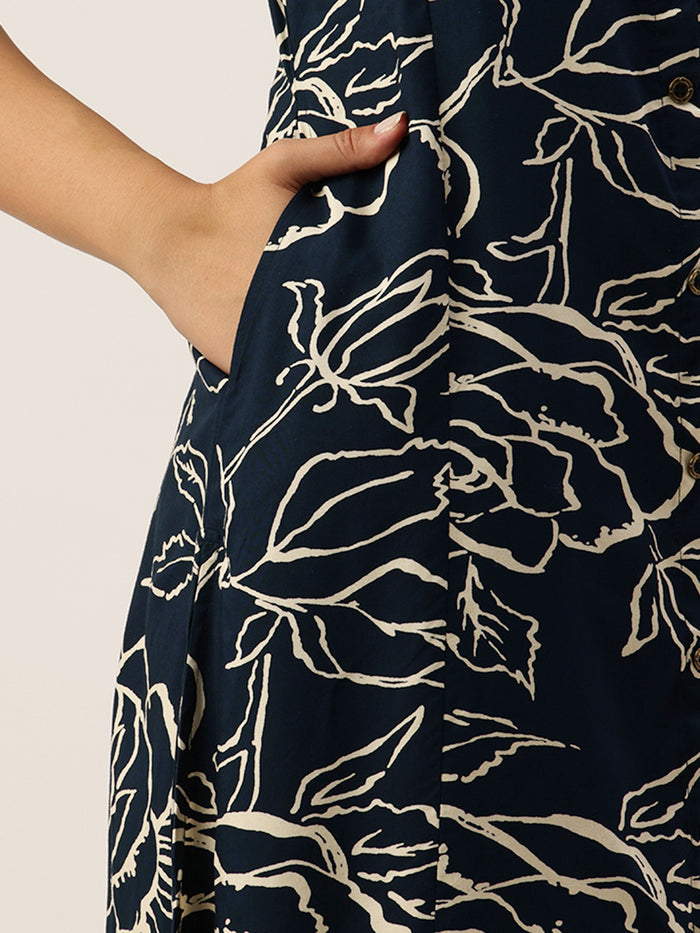 Blue Floral Printed Mandarin Collar Kurta, Princess Cur Kurta, A-Line Kurta, Floral Print, Mandarin Collar kurta, printed kurta