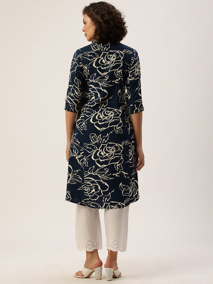 Blue Floral Printed Mandarin Collar Kurta, Princess Cur Kurta, A-Line Kurta, Floral Print, Mandarin Collar kurta, printed kurta