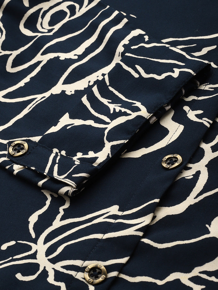 Blue Floral Printed Mandarin Collar Kurta, Princess Cur Kurta, A-Line Kurta, Floral Print, Mandarin Collar kurta, printed kurta