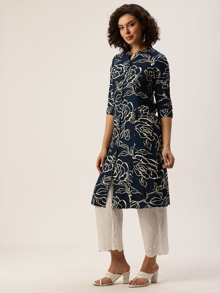 Blue Floral Printed Mandarin Collar Kurta, Princess Cur Kurta, A-Line Kurta, Floral Print, Mandarin Collar kurta, printed kurta