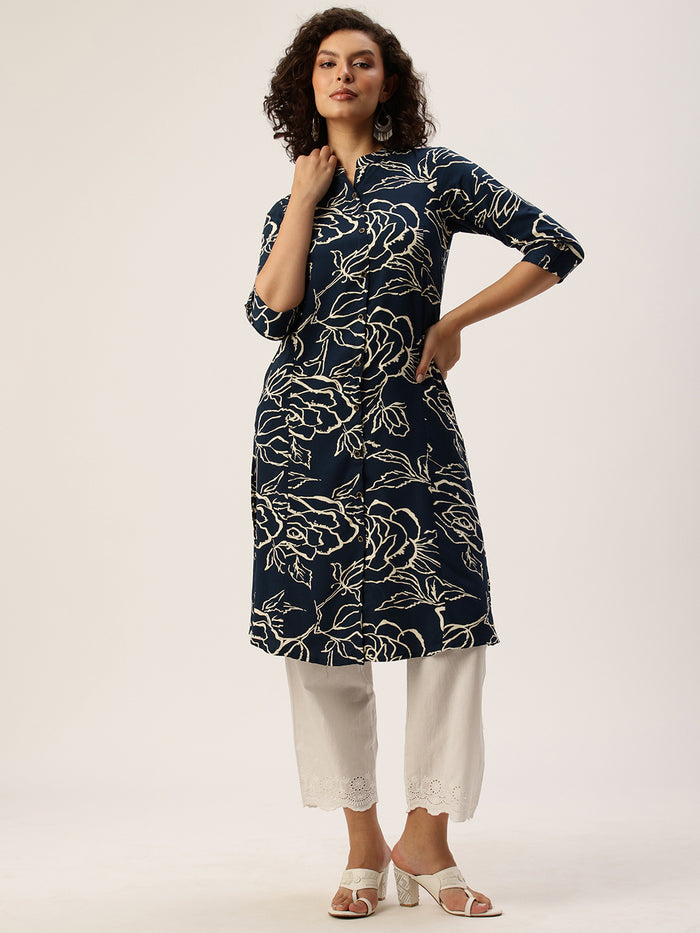 Blue Floral Printed Mandarin Collar Kurta, Princess Cur Kurta, A-Line Kurta, Floral Print, Mandarin Collar kurta, printed kurta