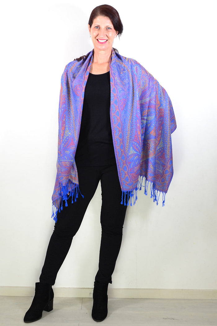 Blue paisley print scarf wrap by ivys, lightweight fabric with intricate paisley design, ideal for stylish layering.