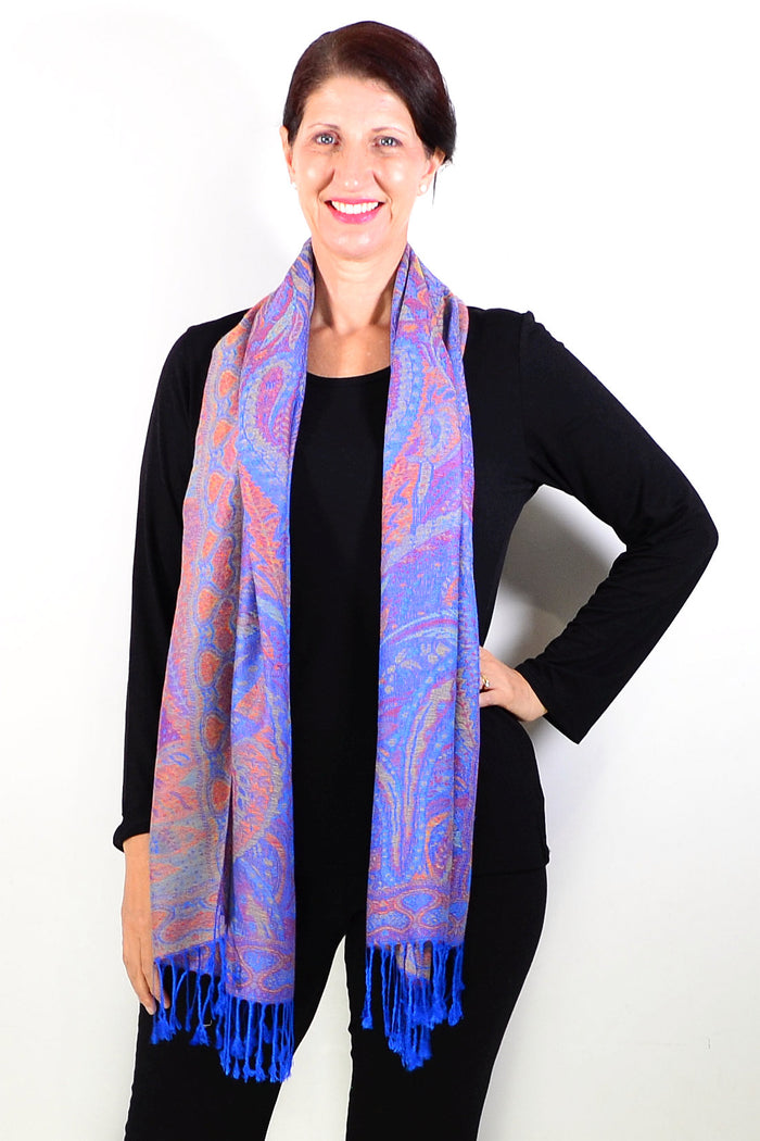 Blue paisley print scarf wrap by ivys, lightweight and stylish for women, featuring intricate paisley patterns on soft fabric.
