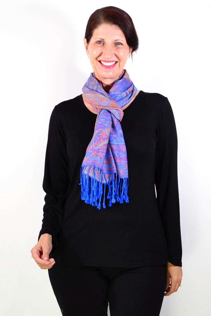 Blue paisley print scarf wrap from ivys, featuring intricate paisley patterns and lightweight fabric for stylish wear.