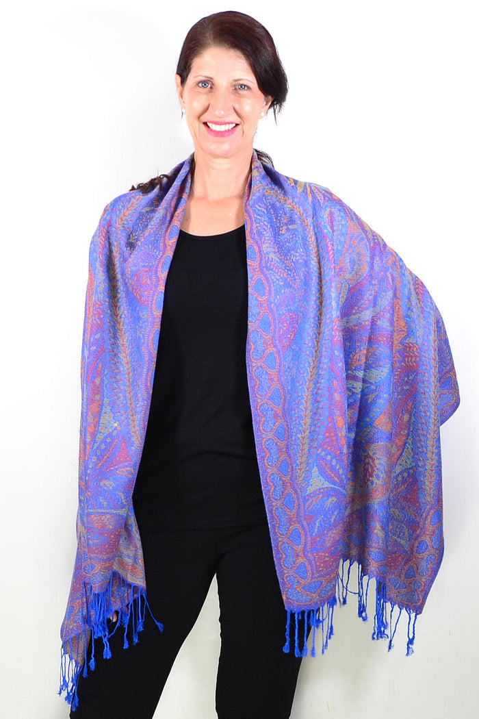 Blue paisley print scarf wrap for women by ivys, showcasing vibrant blue fabric with intricate paisley pattern.