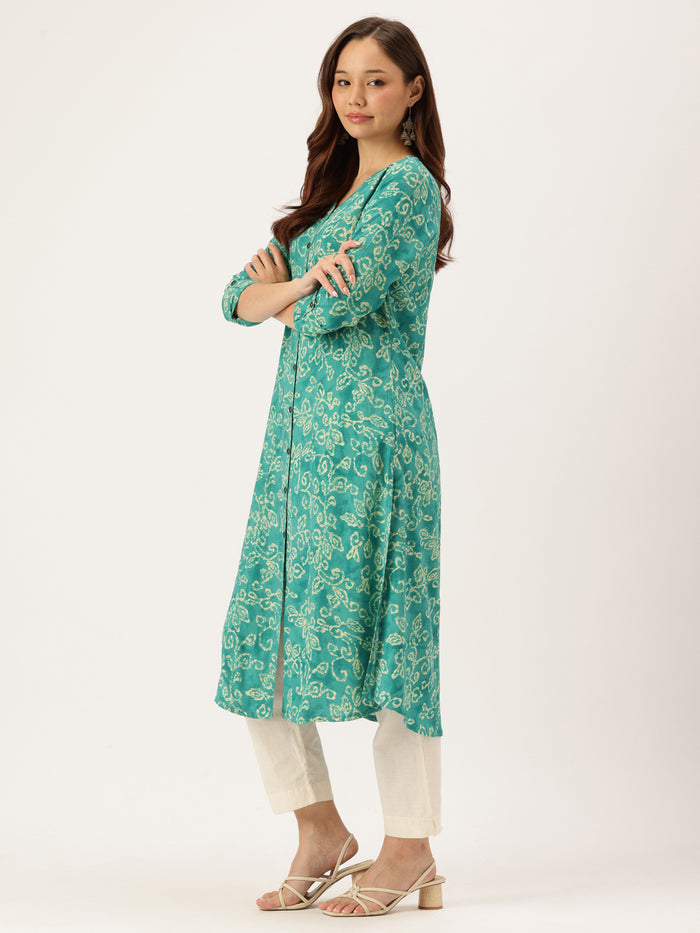 Blue Printed Kurta, Princess Cur Kurta, A-Line Kurta, Floral Print, Mandarin Collar kurta, printed kurta