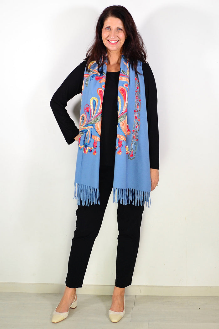 Blue soft embroidered scarf wrap by ivys, showcasing intricate embroidery and lightweight, comfortable fabric.