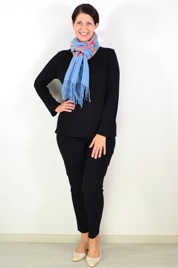 Blue soft embroidered scarf wrap by ivys, featuring delicate embroidery and lightweight fabric, styled for versatile wear