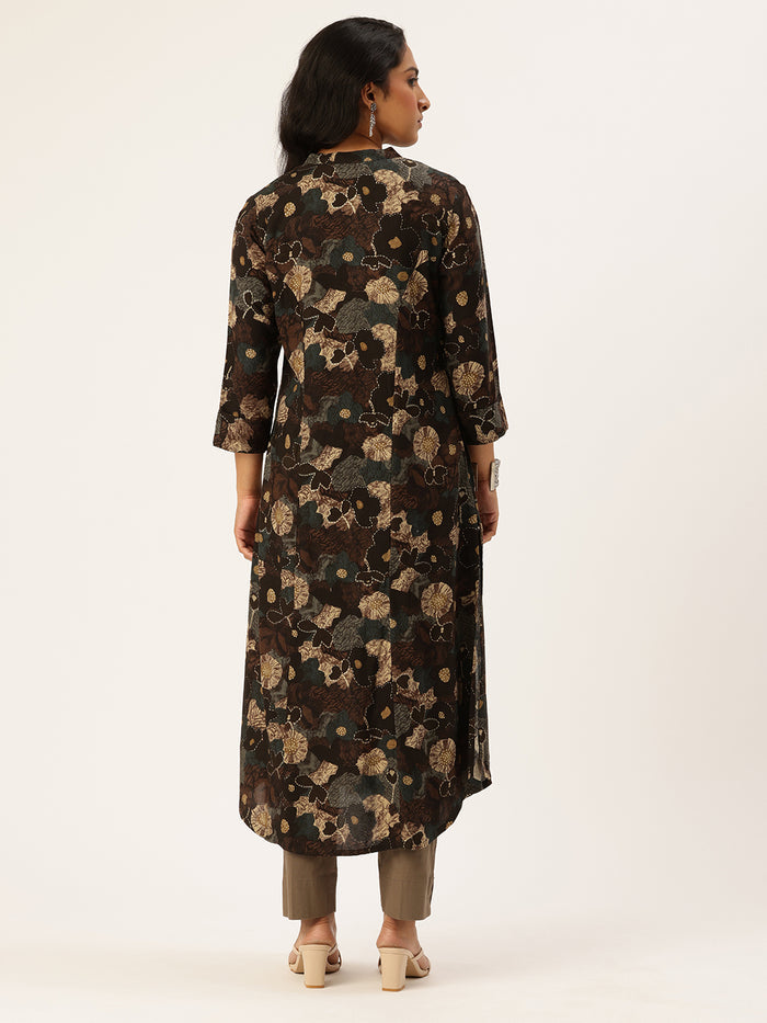 Brown Floral Printed Kurta, Princess Cur Kurta, A-Line Kurta, Floral Print, Mandarin Collar kurta, printed kurta