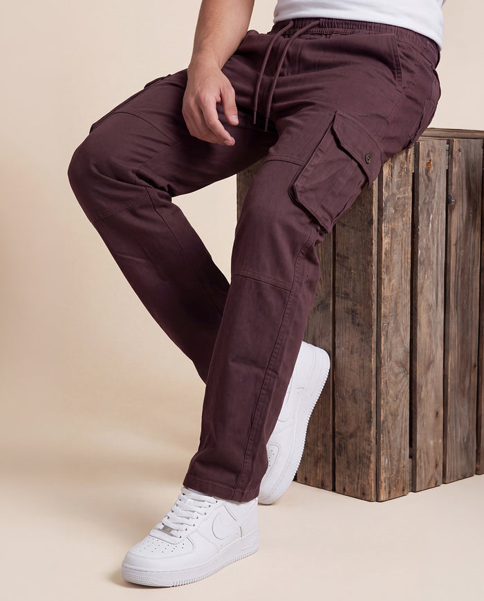 Brown Solid Cargo Pants For Men