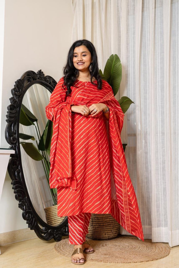 Budget Leheriya Cotton Suit- Red