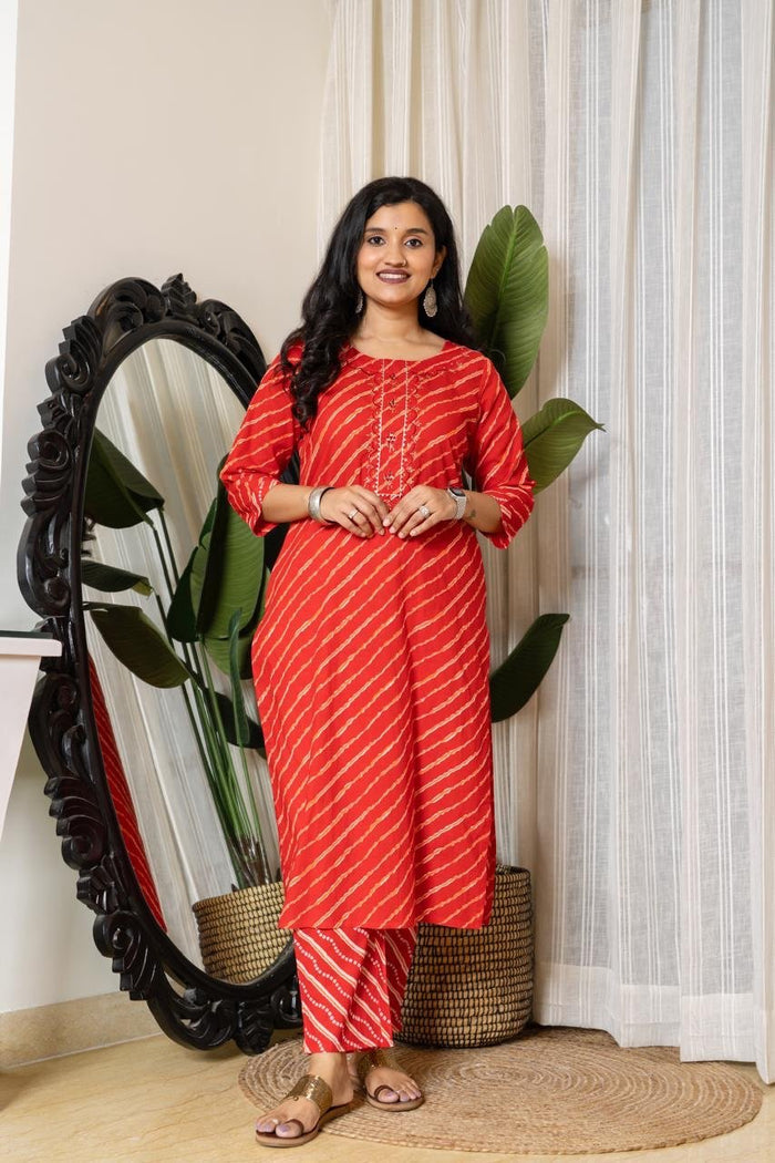 Budget Leheriya Cotton Suit- Red