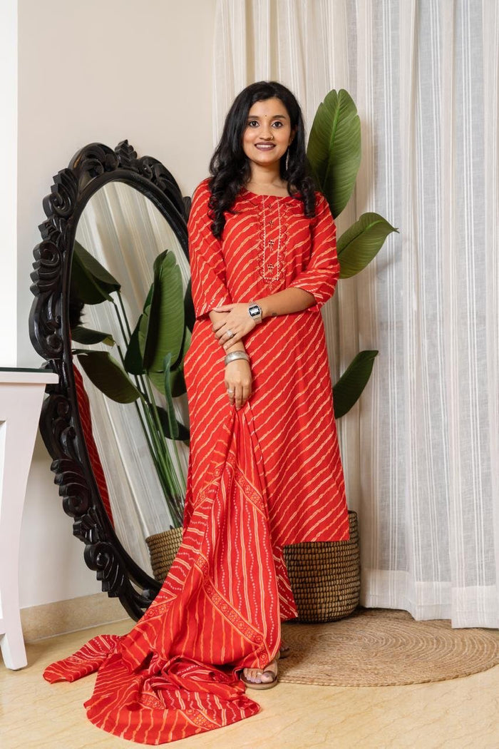 Budget Leheriya Cotton Suit- Red
